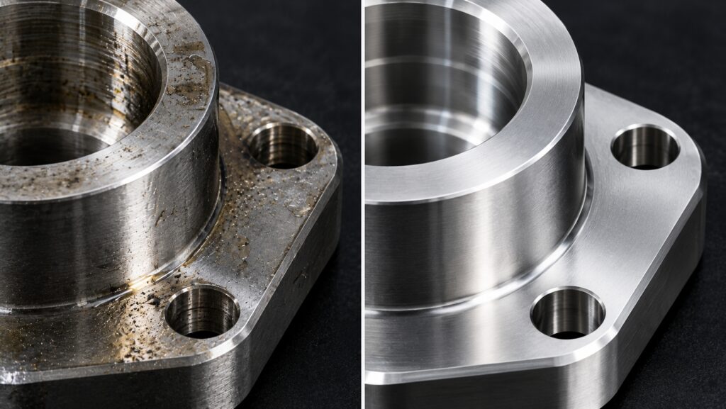 Comparison of a stainless steel flange before and after cleaning