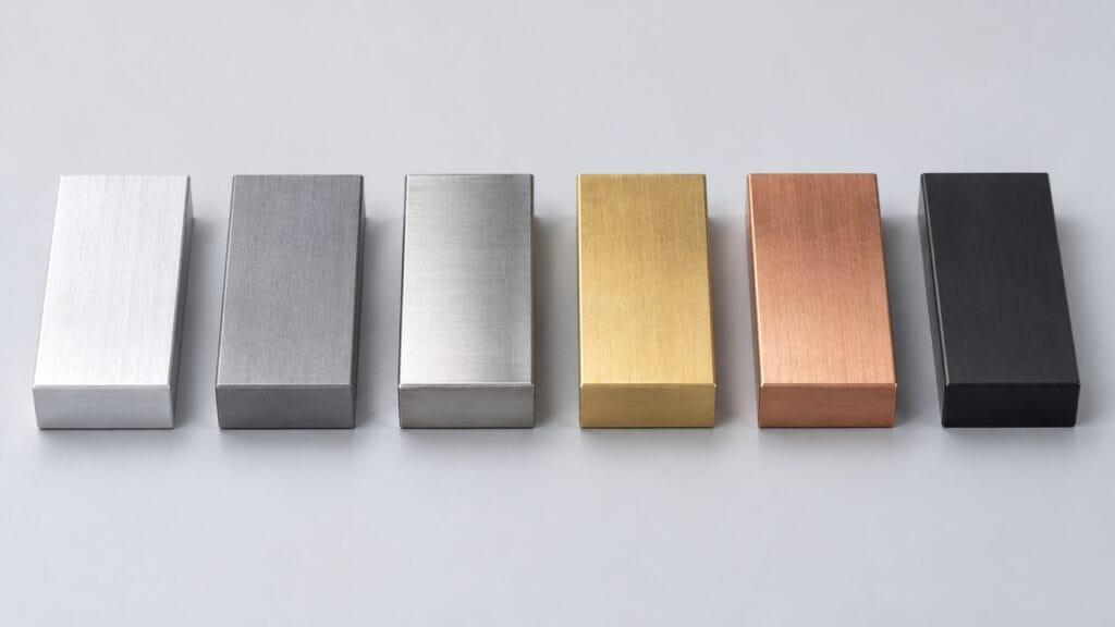 Display of six material sample blocks