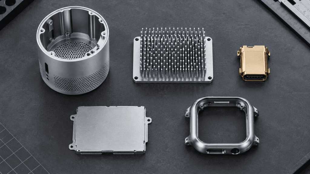 Flat-lay display of precision metal parts