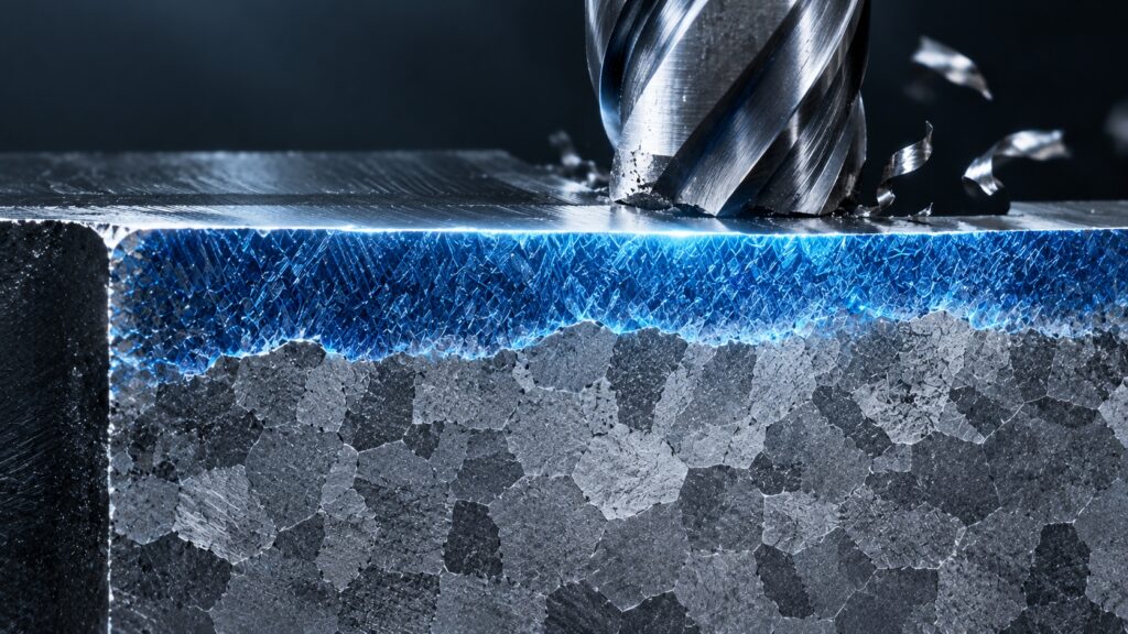 Micro-cross-section of metal cutting and the blue hardened layer