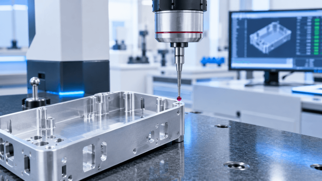 Precision measurement probe inspecting an aluminum chassis